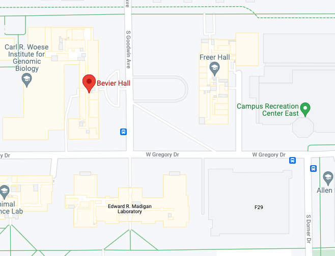 Bevier Hall highlighted on Google Map image
